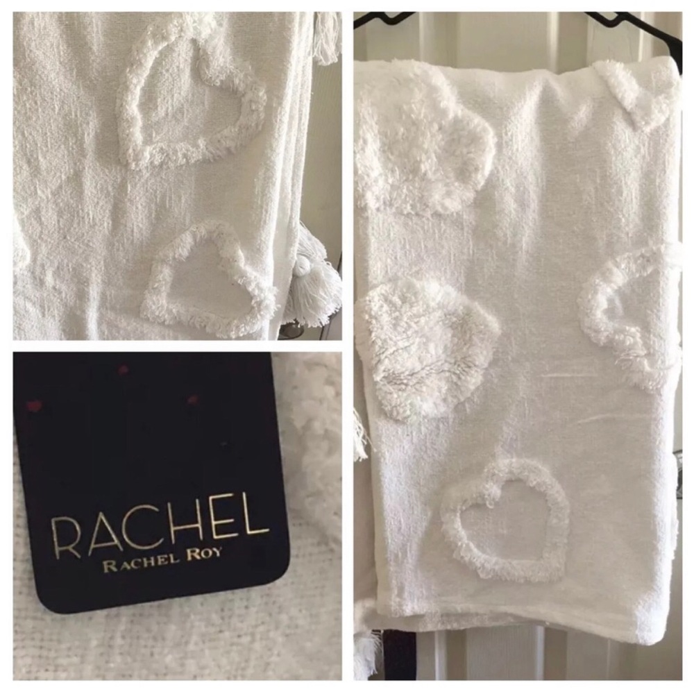 NWT Rachel Roy Valentine’s Tufted Heart Blanket 50x60 White Throw W/ Tassels